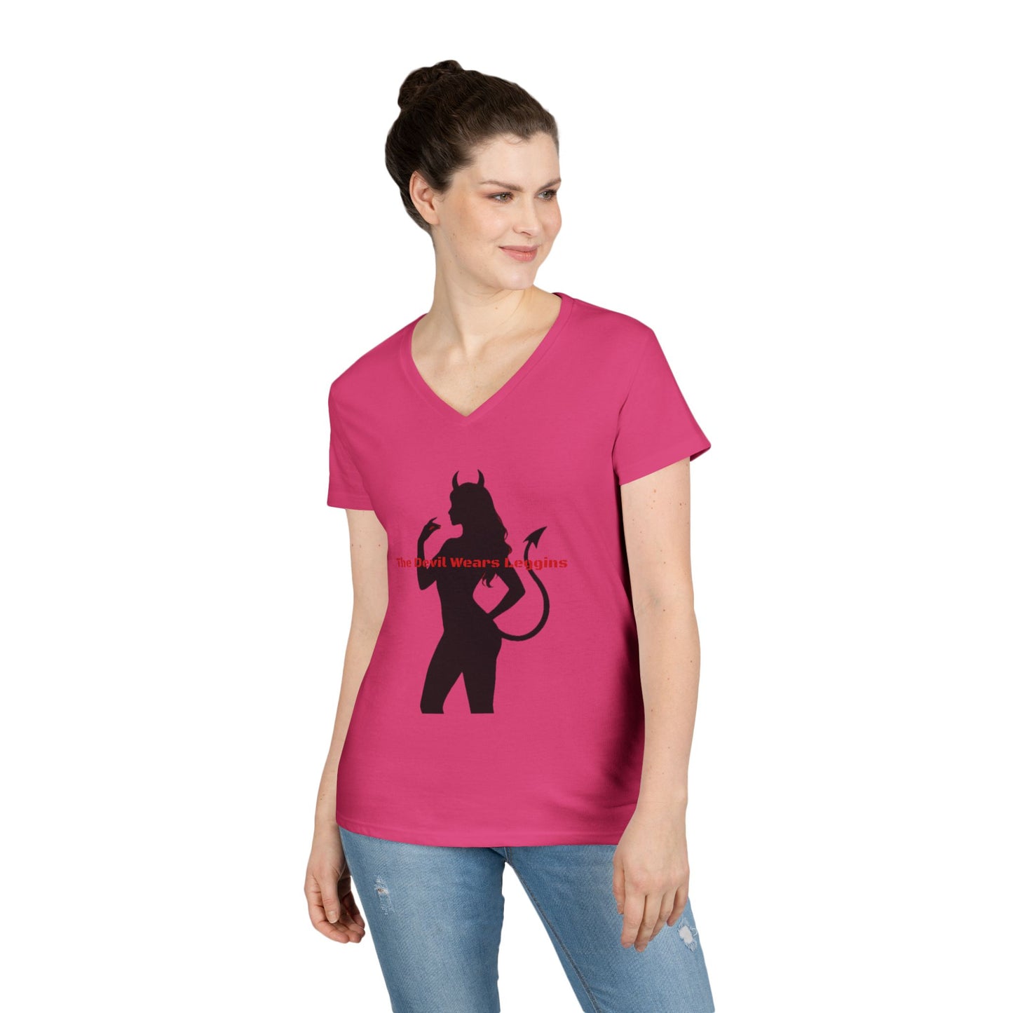 Devil Silhouette V‑Neck Tee — 'The Devil Wears Leggins' Women's Graphic T‑Shirt
