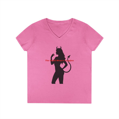 Devil Silhouette V‑Neck Tee — 'The Devil Wears Leggins' Women's Graphic T‑Shirt
