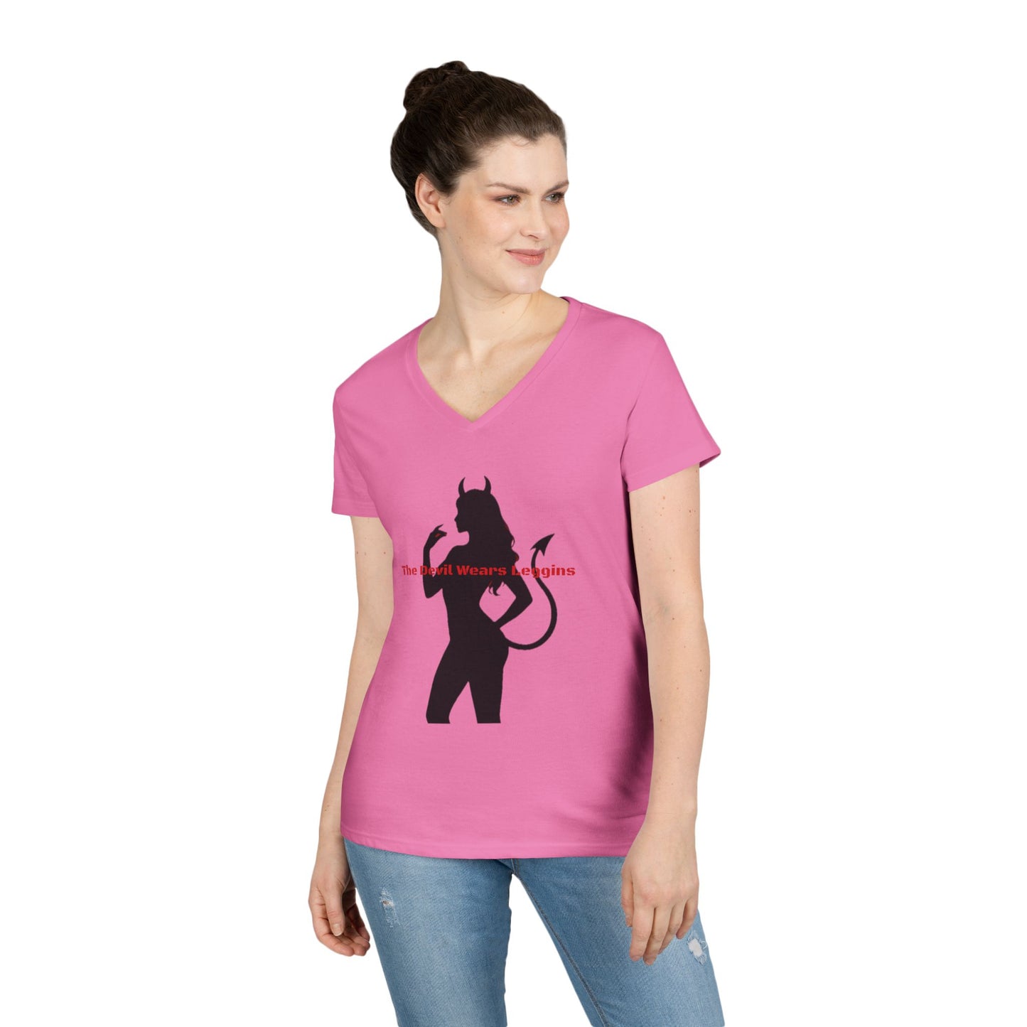 Devil Silhouette V‑Neck Tee — 'The Devil Wears Leggins' Women's Graphic T‑Shirt