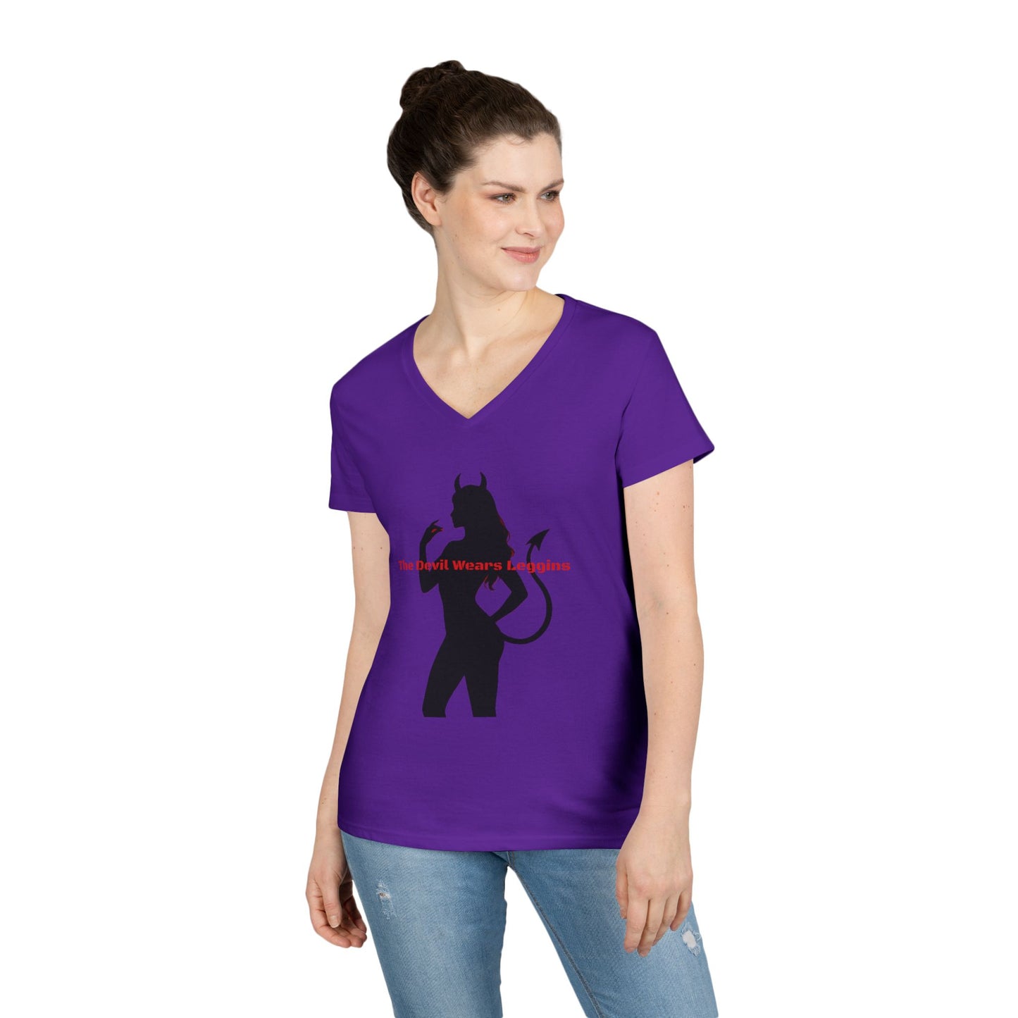 Devil Silhouette V‑Neck Tee — 'The Devil Wears Leggins' Women's Graphic T‑Shirt
