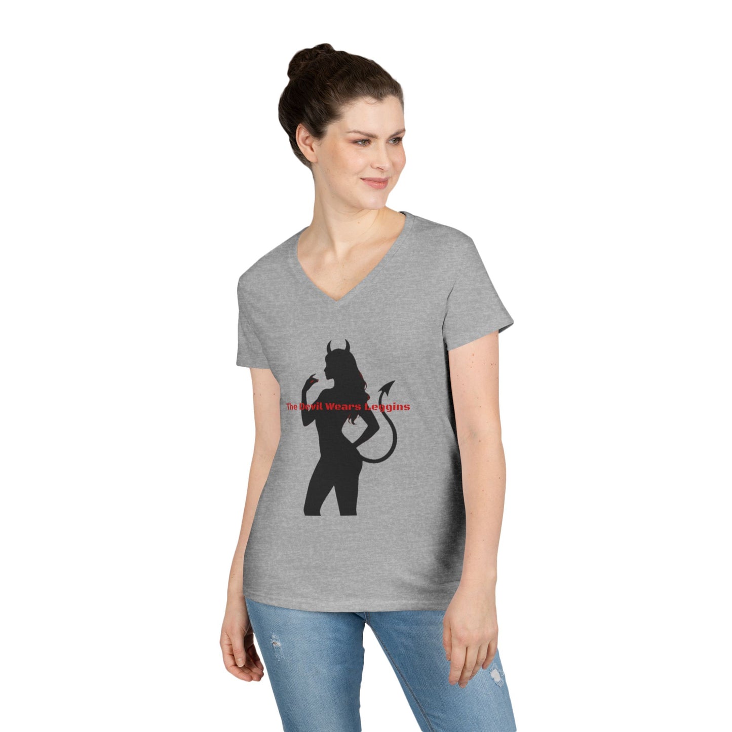 Devil Silhouette V‑Neck Tee — 'The Devil Wears Leggins' Women's Graphic T‑Shirt