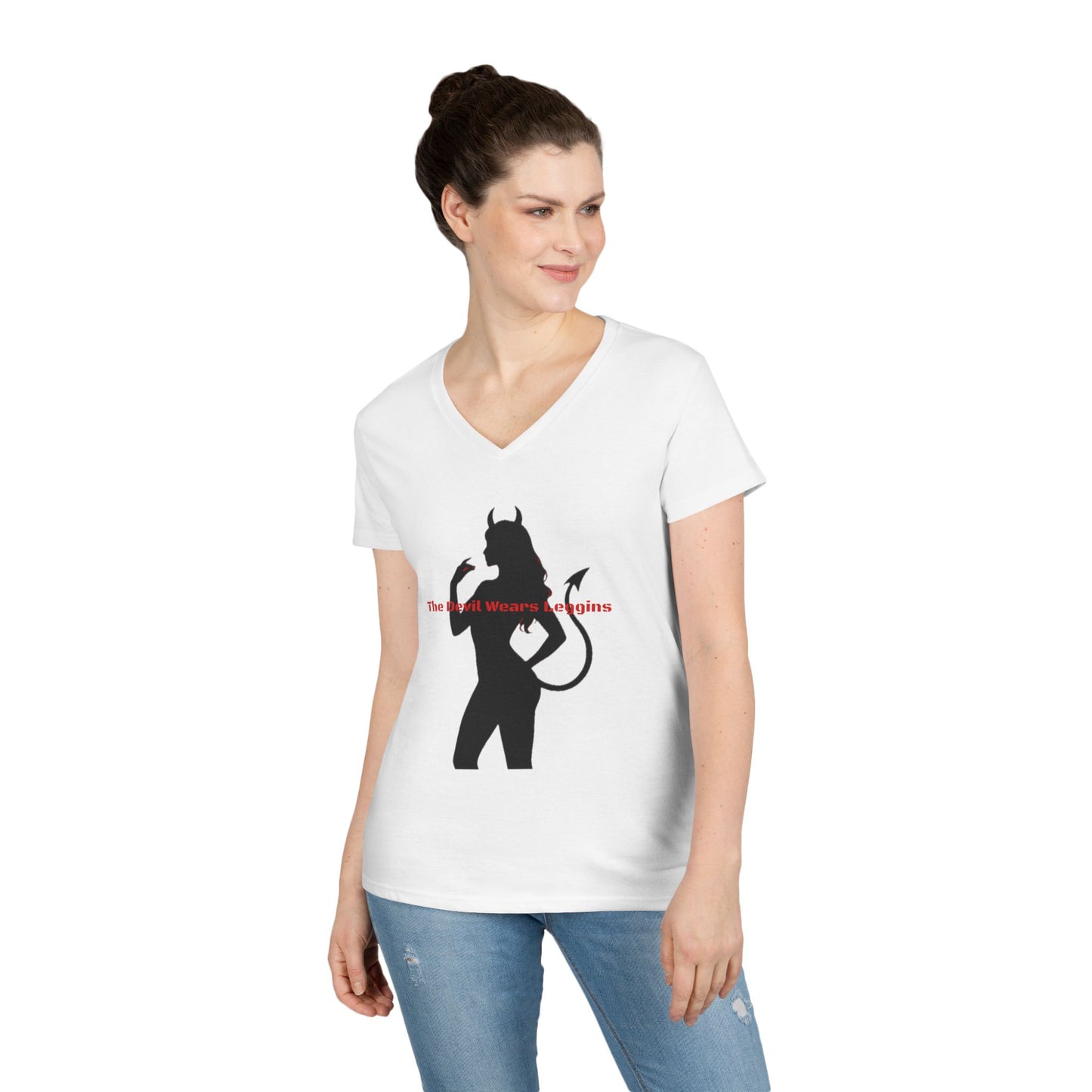 Devil Silhouette V‑Neck Tee — 'The Devil Wears Leggins' Women's Graphic T‑Shirt