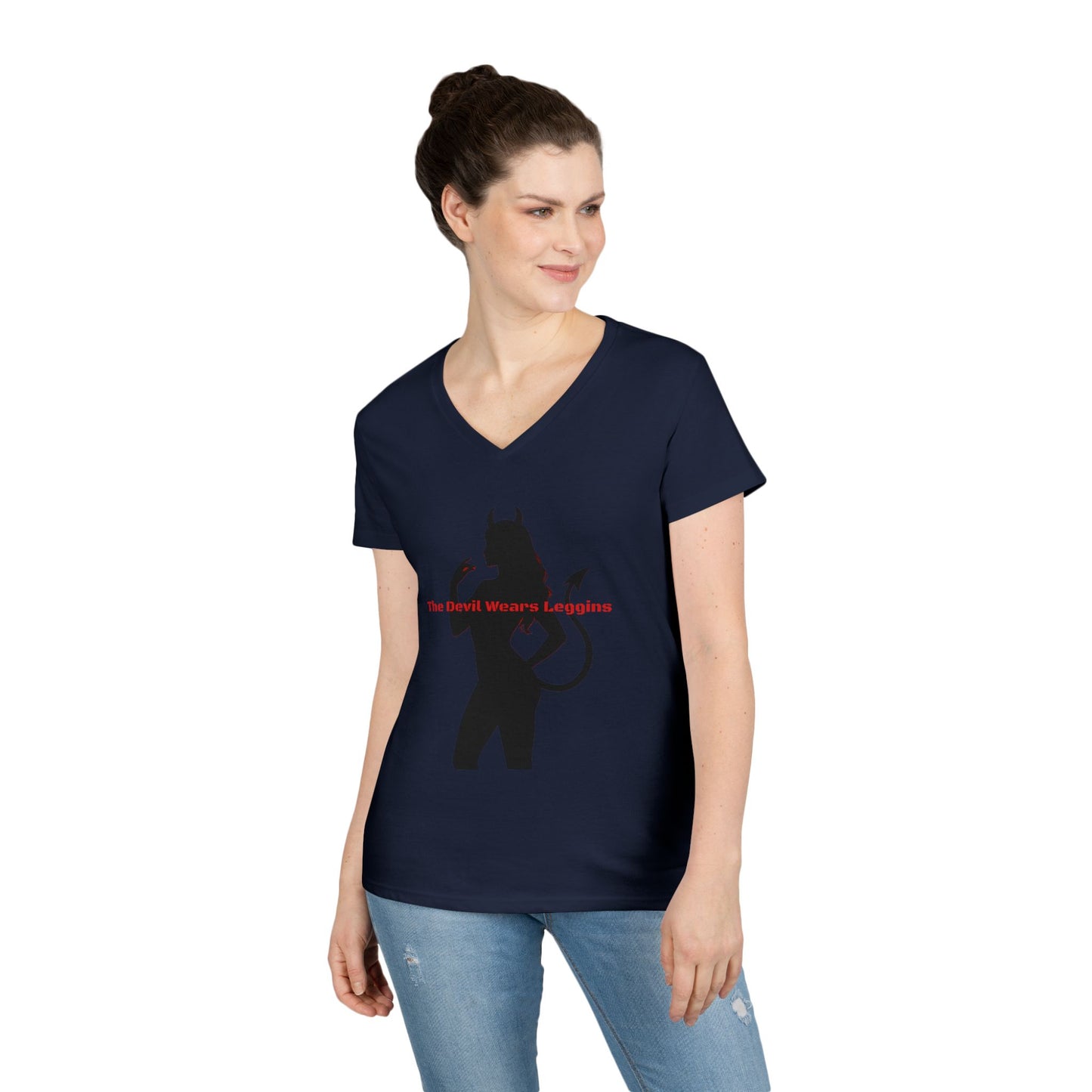 Devil Silhouette V‑Neck Tee — 'The Devil Wears Leggins' Women's Graphic T‑Shirt